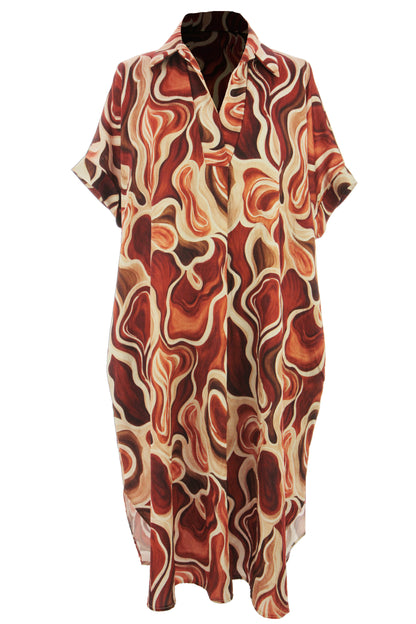 Batwing Collar Abstract Print Midi