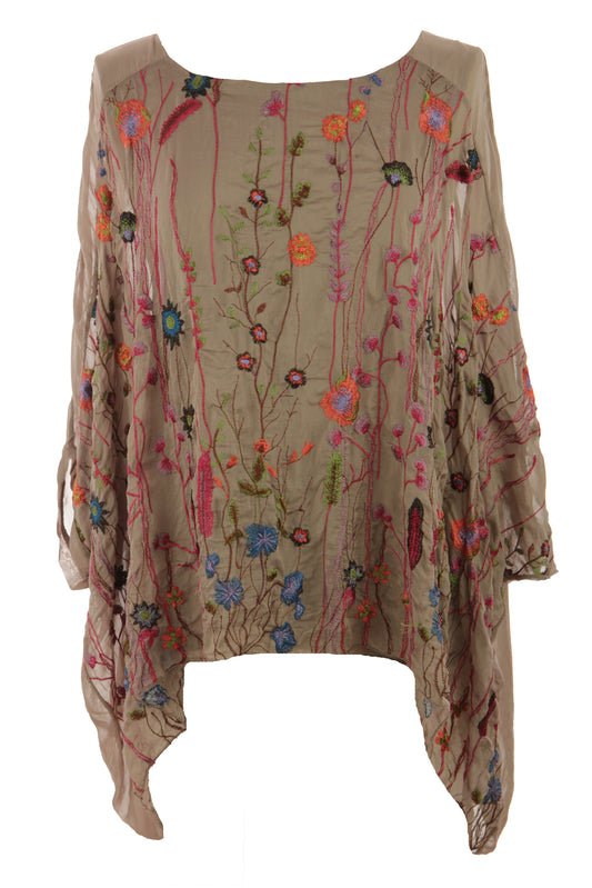 Floral Embroidery Silk Blouse