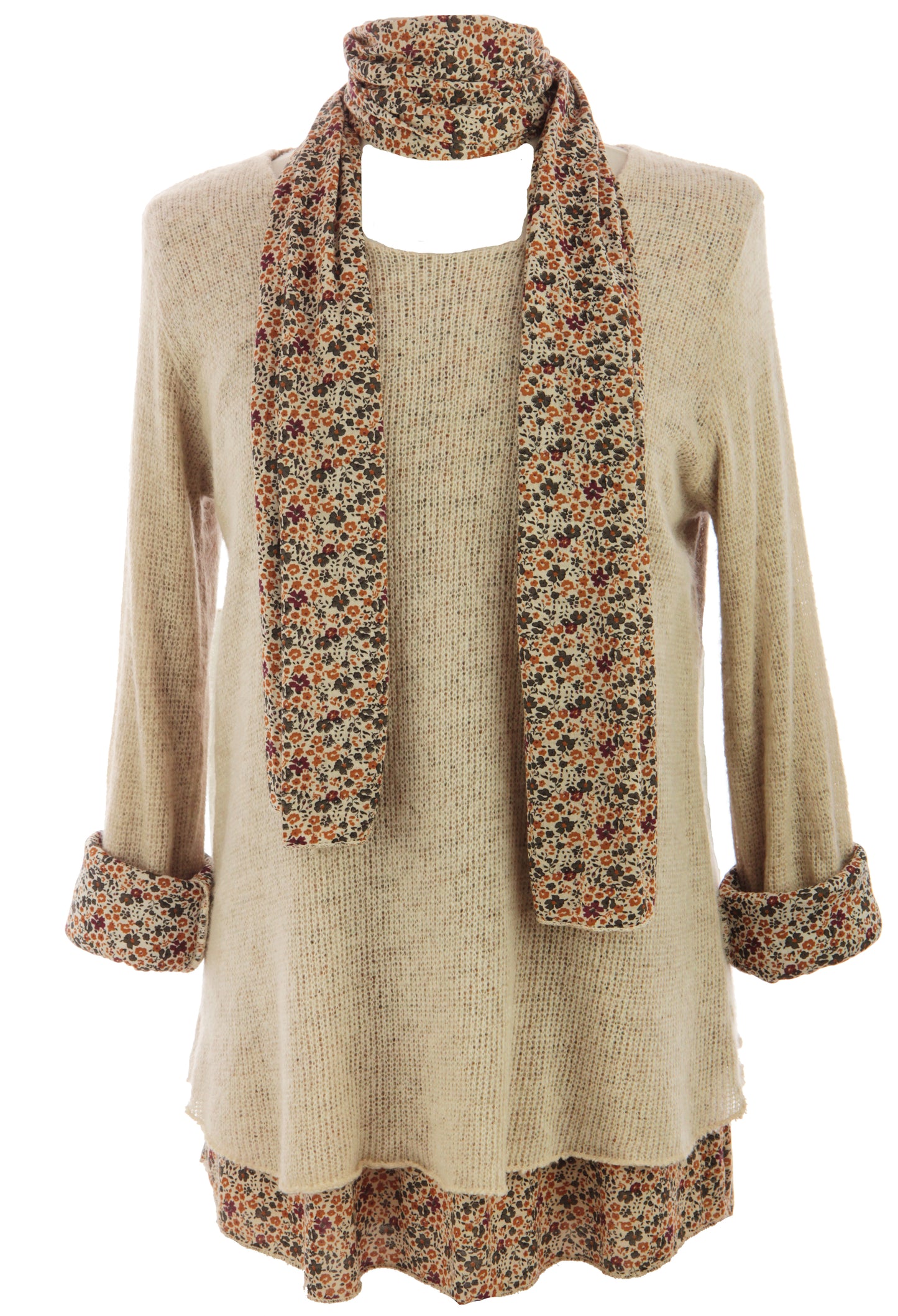 2 Piece Floral Scarf Mohair Knit Blouse