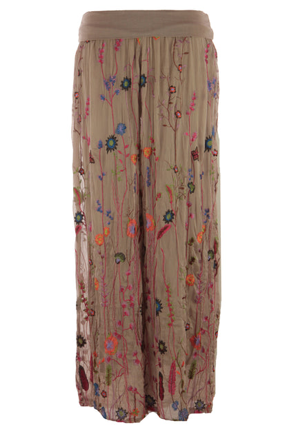 Floral Embroidery Silk Trouser