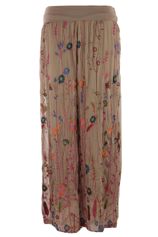 Floral Embroidery Silk Trouser
