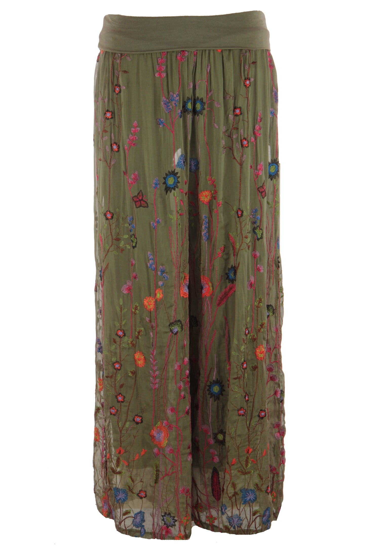 Floral Embroidery Silk Trouser