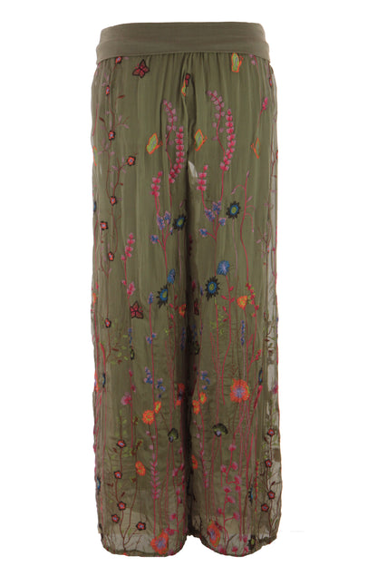 Floral Embroidery Silk Trouser