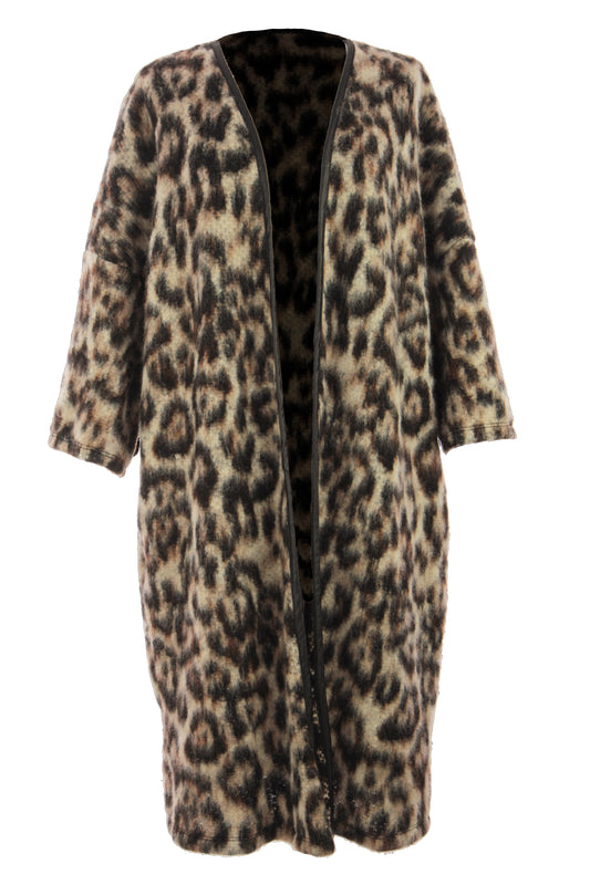 3/4 Sleeve Leopard Print Wool Coat