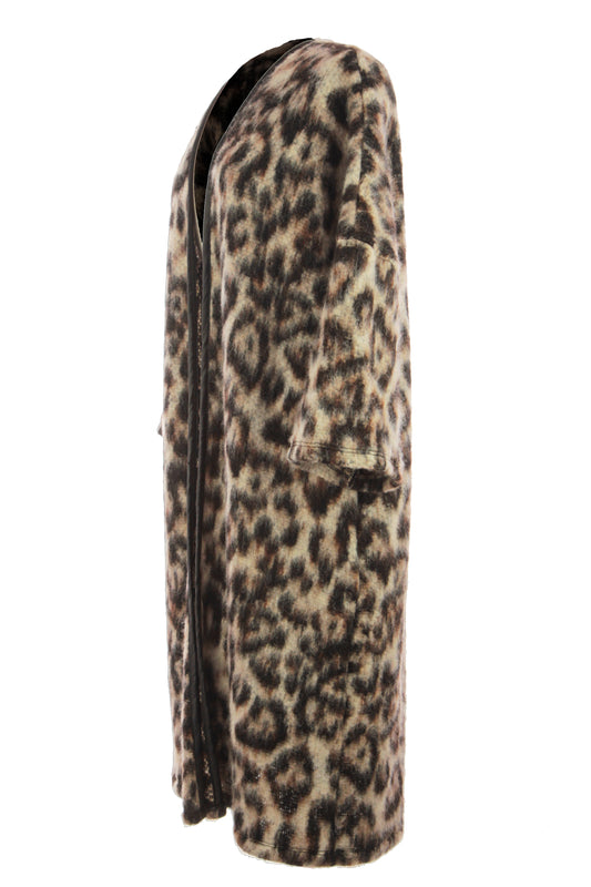 3/4 Sleeve Leopard Print Wool Coat