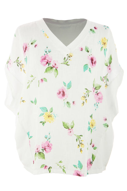 V Neck Floral Print Linen Top