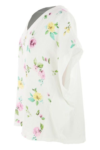 V Neck Floral Print Linen Top