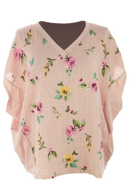 V Neck Floral Print Linen Top