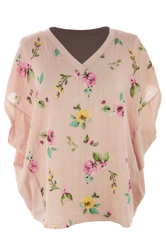 V Neck Floral Print Linen Top