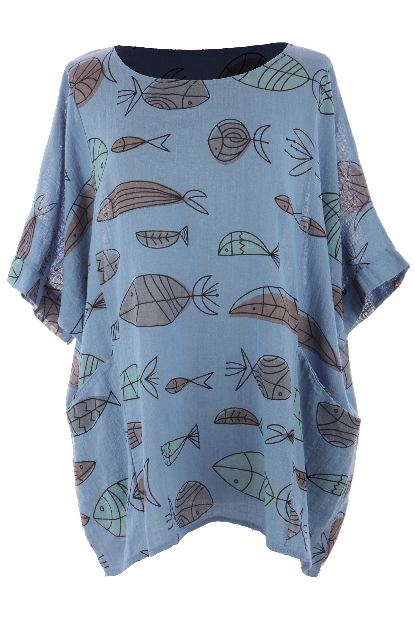 2 Pocket Fish Print Cotton Blouse