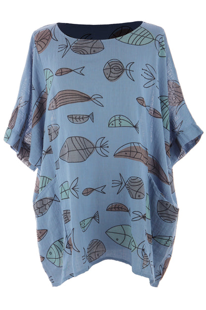 2 Pocket Fish Print Cotton Blouse