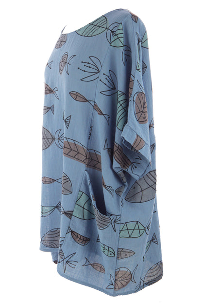 2 Pocket Fish Print Cotton Blouse