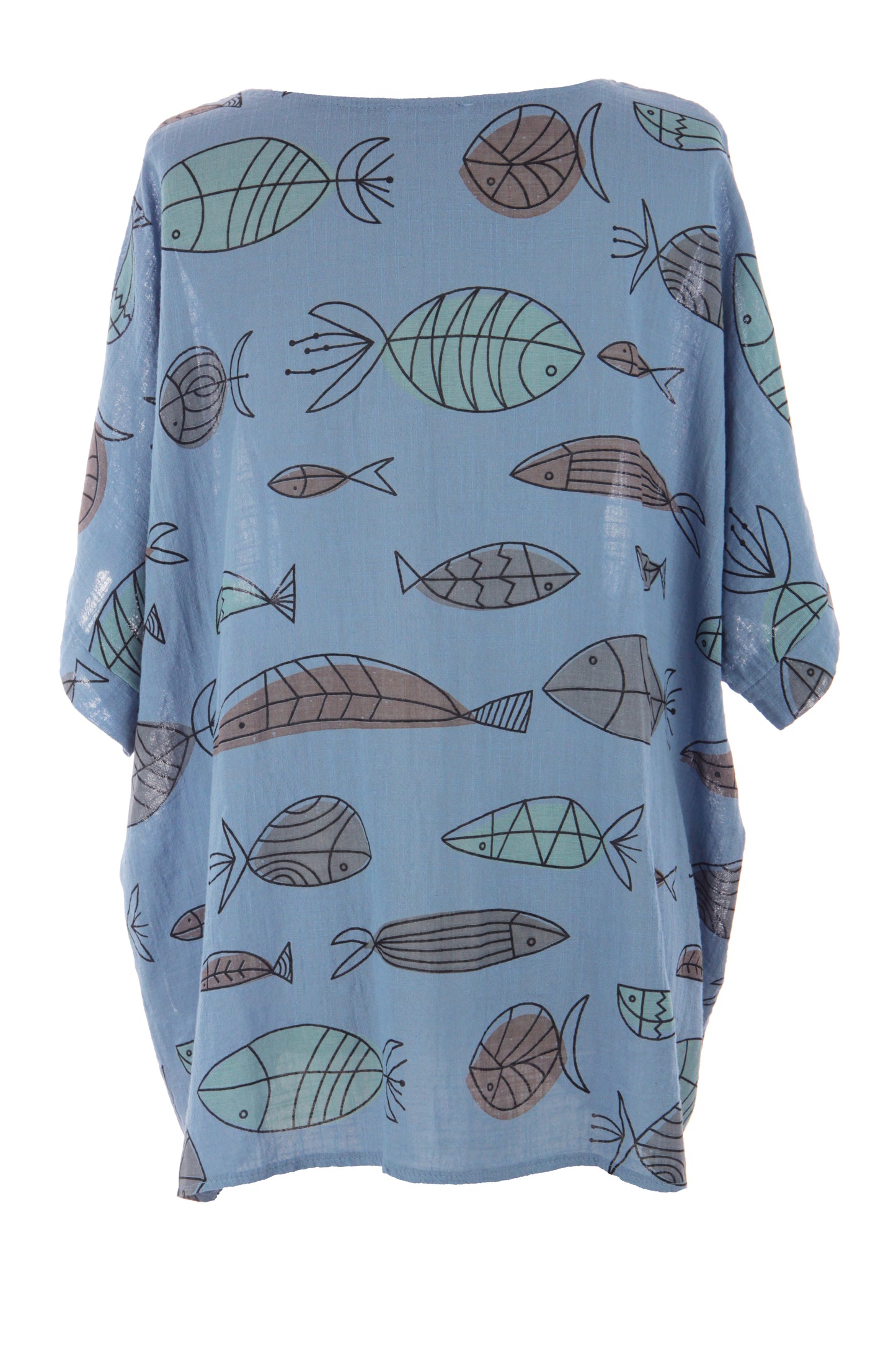 2 Pocket Fish Print Cotton Blouse