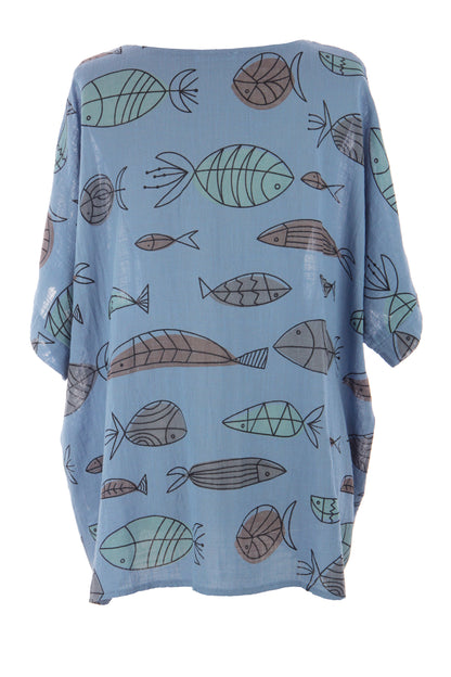 2 Pocket Fish Print Cotton Blouse