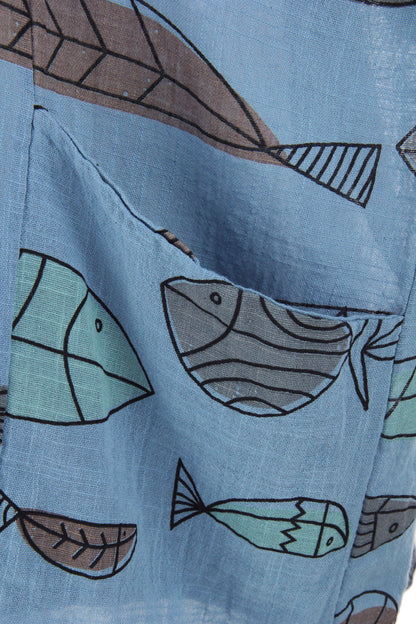 2 Pocket Fish Print Cotton Blouse