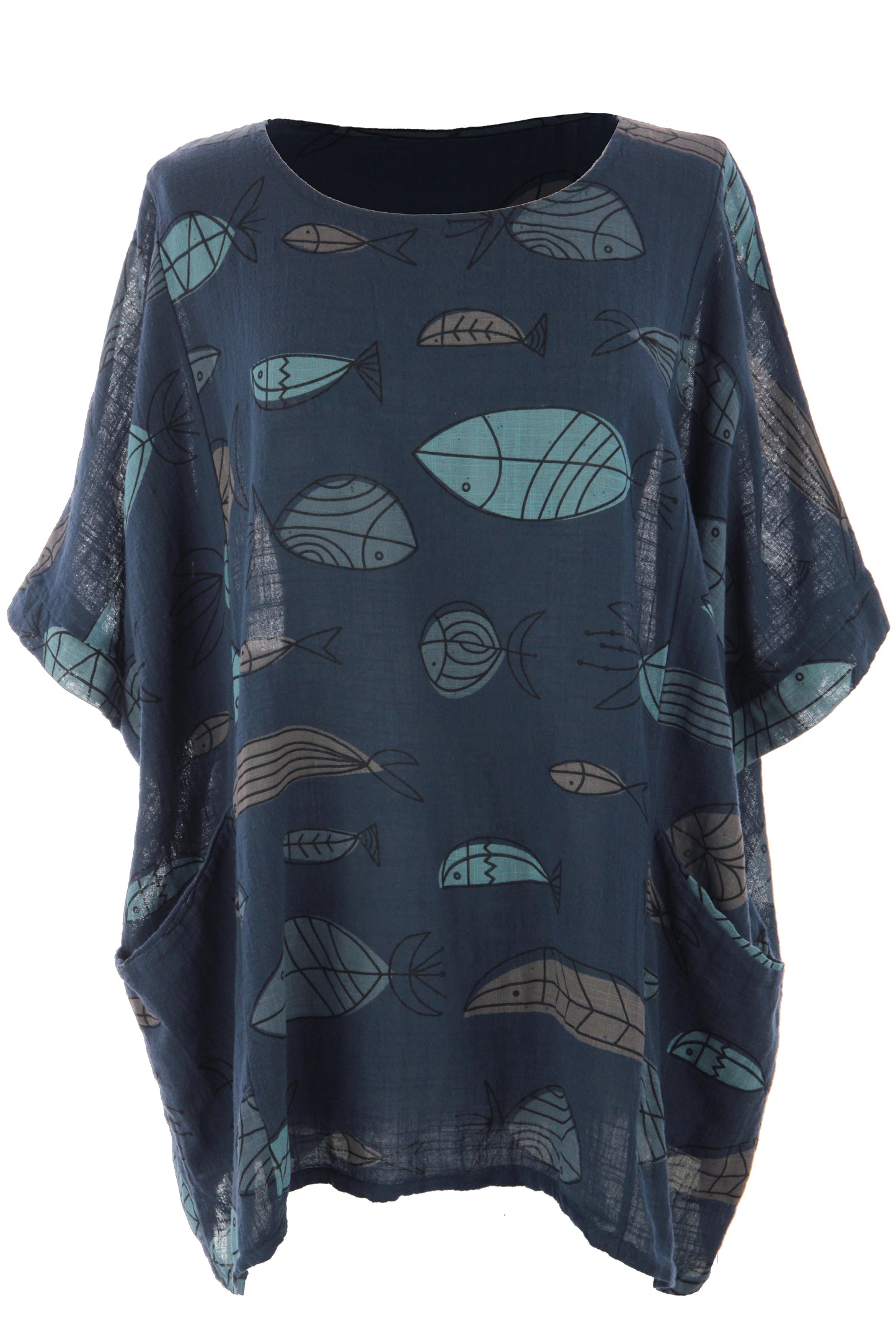 2 Pocket Fish Print Cotton Blouse
