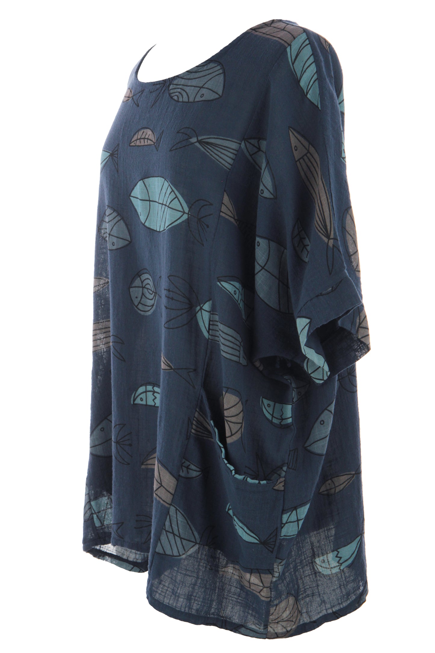 2 Pocket Fish Print Cotton Blouse