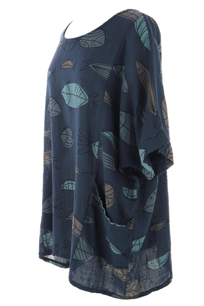 2 Pocket Fish Print Cotton Blouse