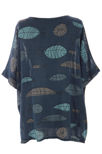 2 Pocket Fish Print Cotton Blouse