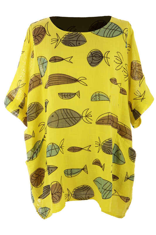 2 Pocket Fish Print Cotton Blouse
