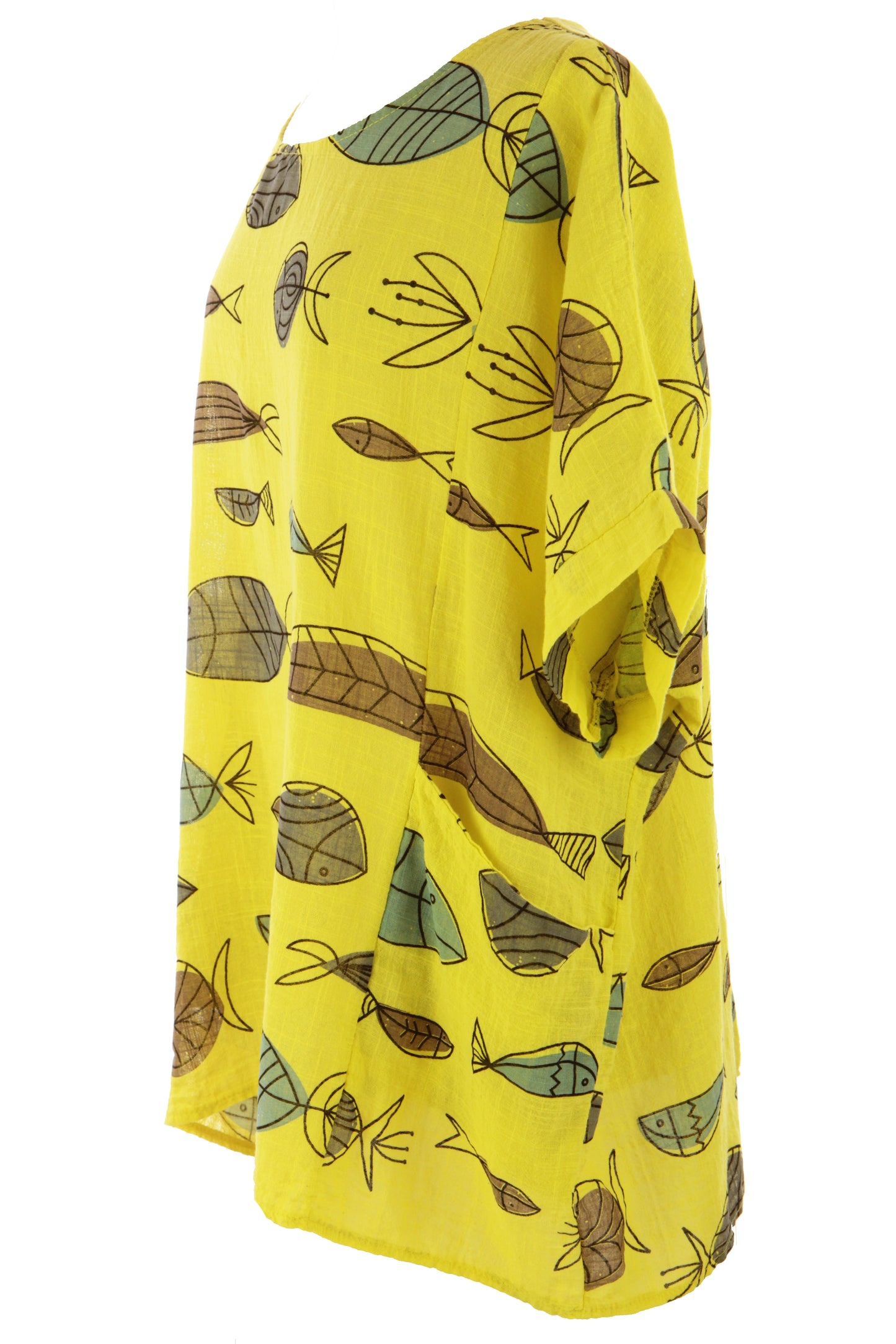 2 Pocket Fish Print Cotton Blouse