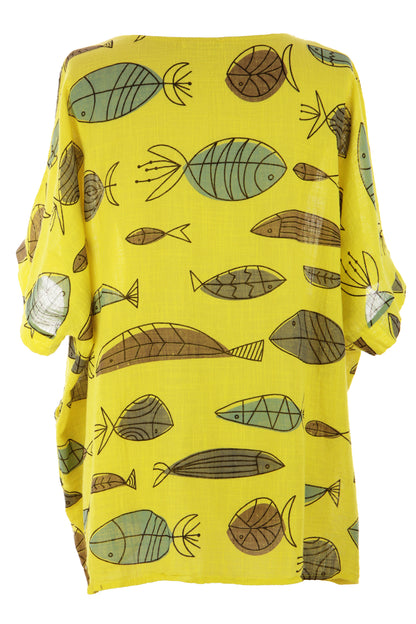 2 Pocket Fish Print Cotton Blouse
