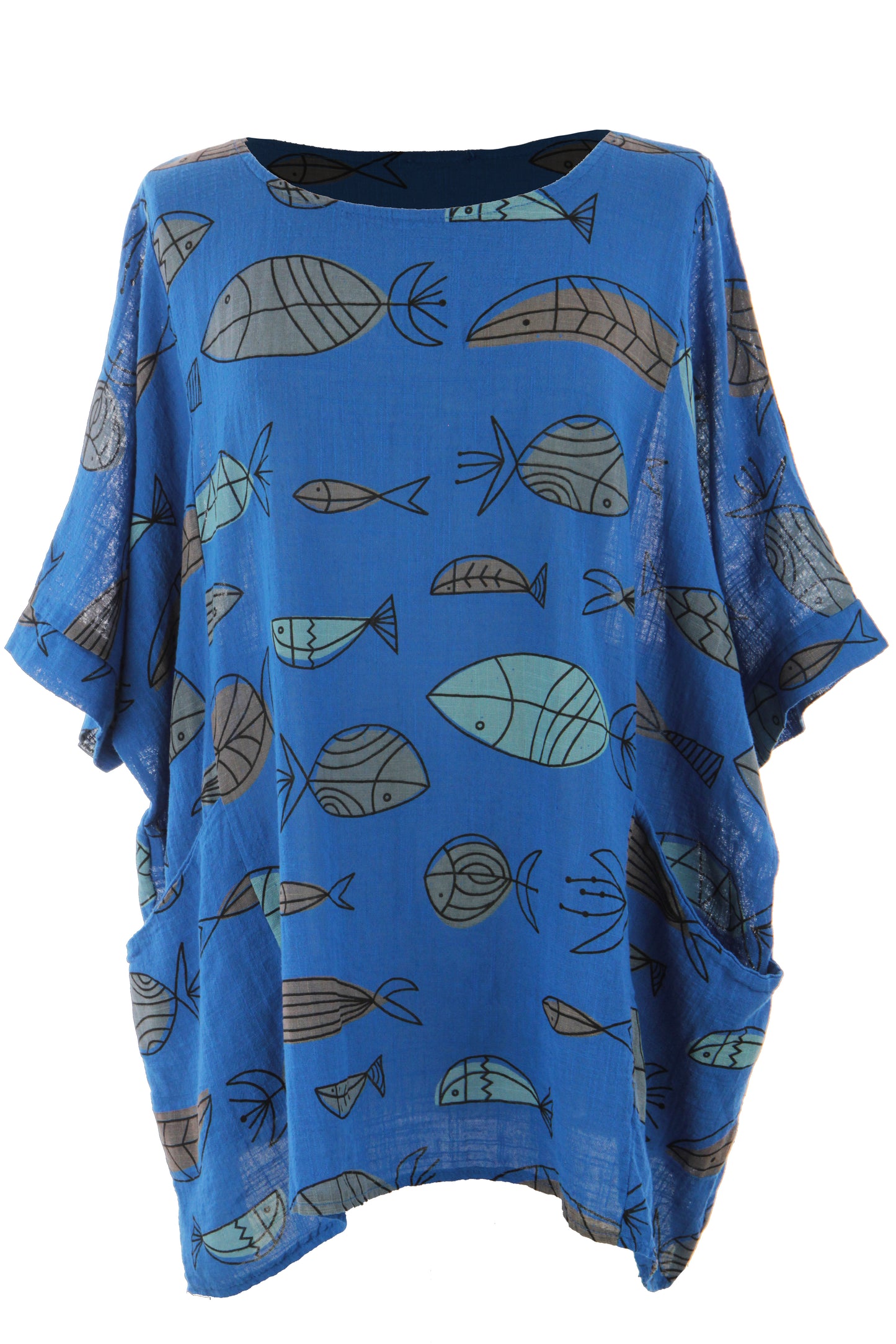 2 Pocket Fish Print Cotton Blouse