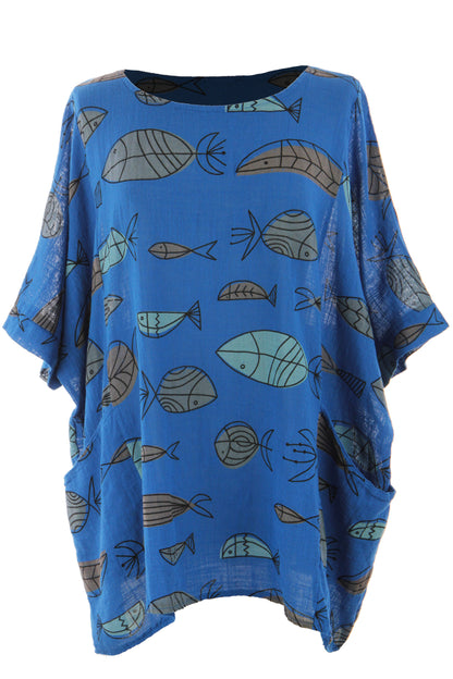 2 Pocket Fish Print Cotton Blouse
