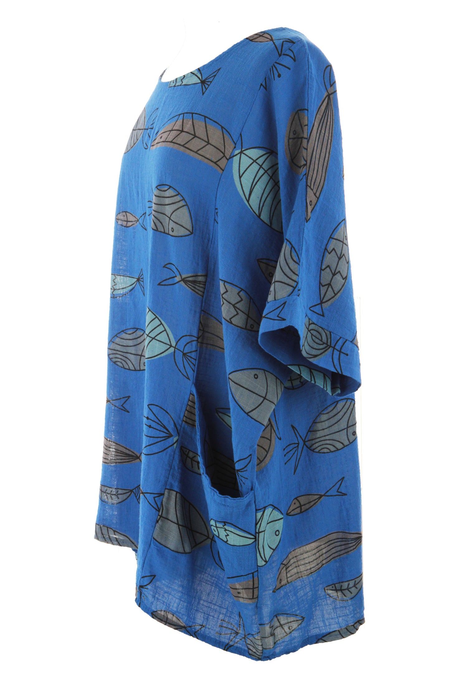 2 Pocket Fish Print Cotton Blouse