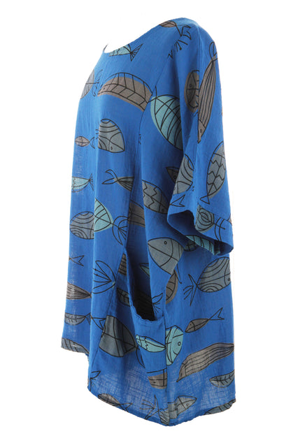 2 Pocket Fish Print Cotton Blouse
