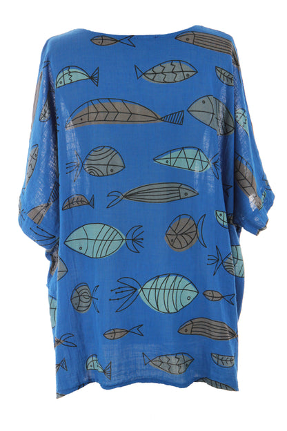 2 Pocket Fish Print Cotton Blouse
