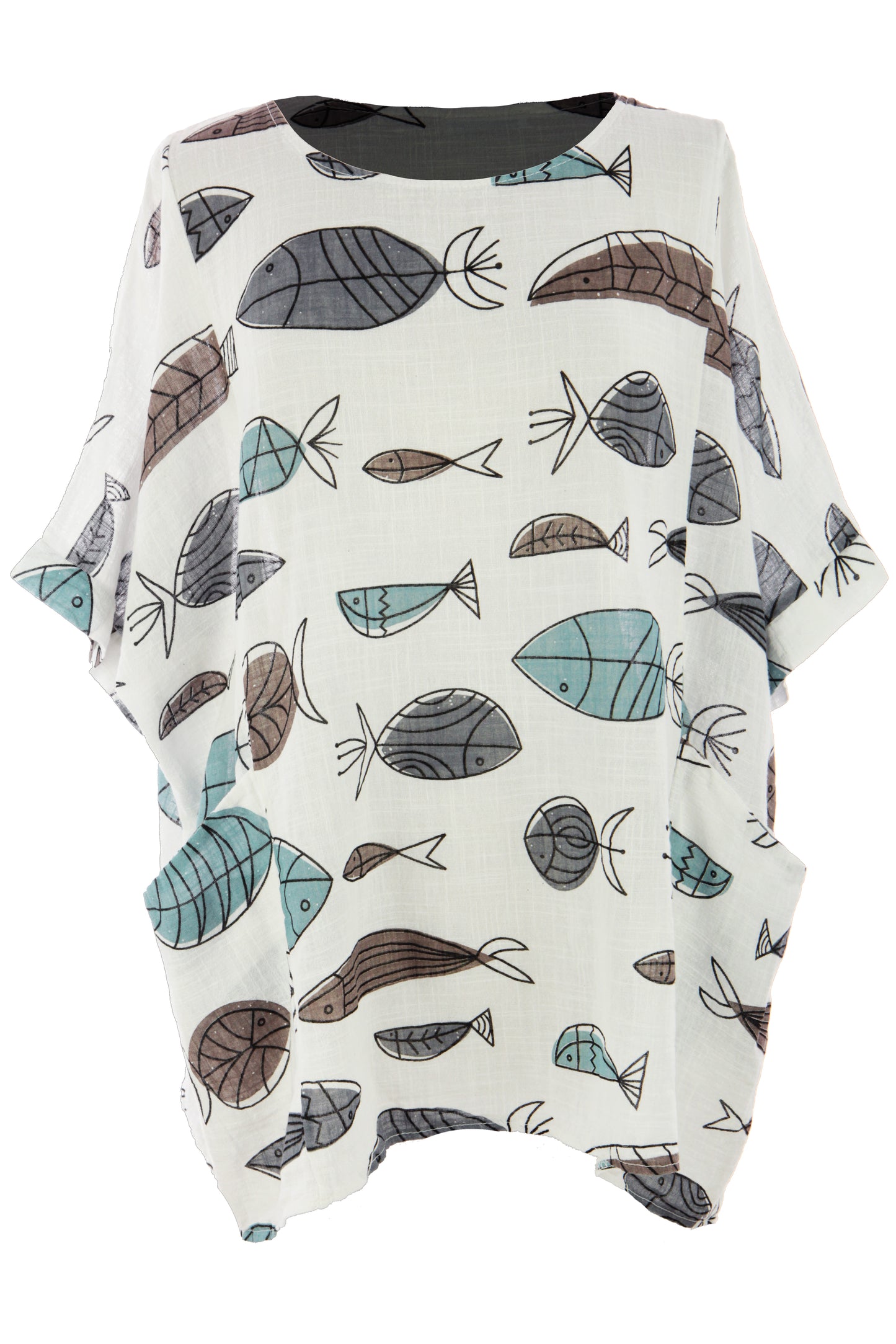 2 Pocket Fish Print Cotton Blouse