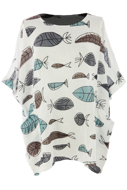 2 Pocket Fish Print Cotton Blouse