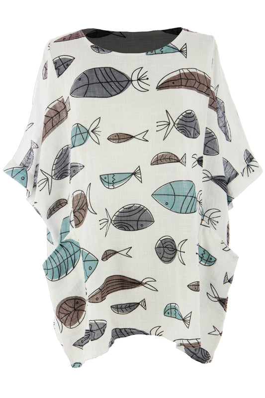2 Pocket Fish Print Cotton Blouse