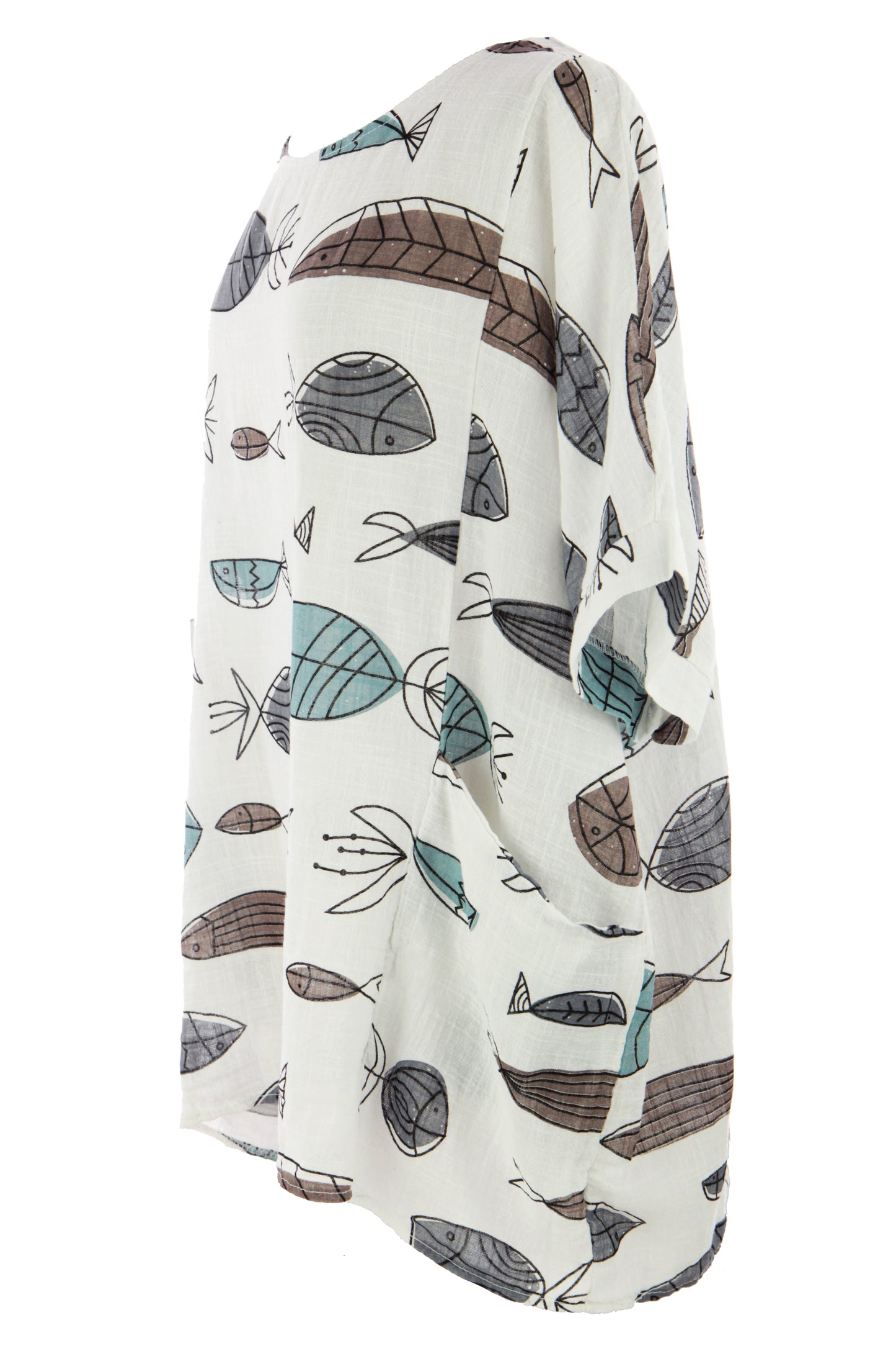 2 Pocket Fish Print Cotton Blouse