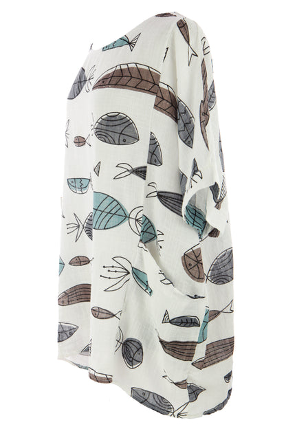 2 Pocket Fish Print Cotton Blouse