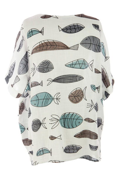 2 Pocket Fish Print Cotton Blouse