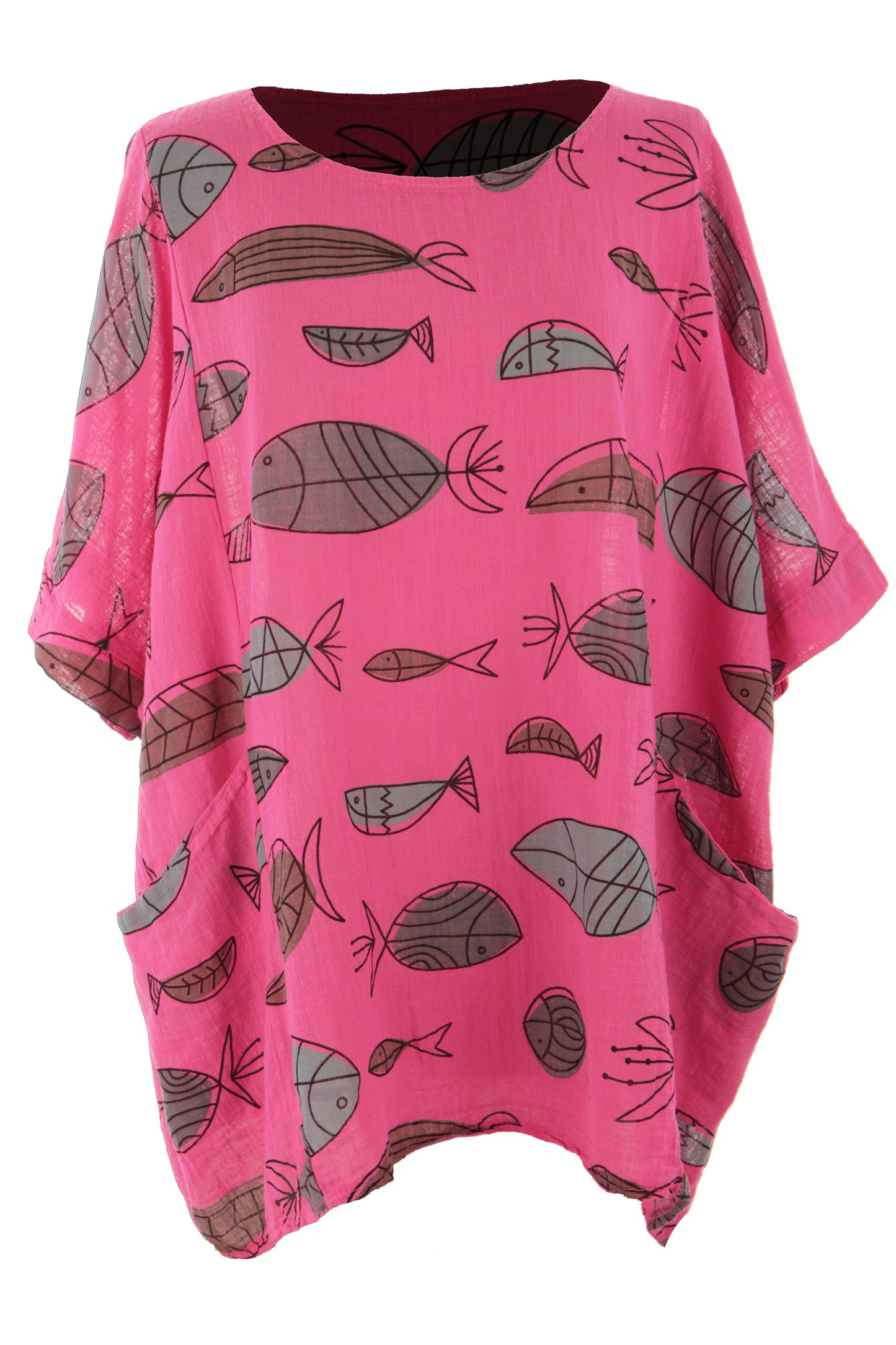 2 Pocket Fish Print Cotton Blouse