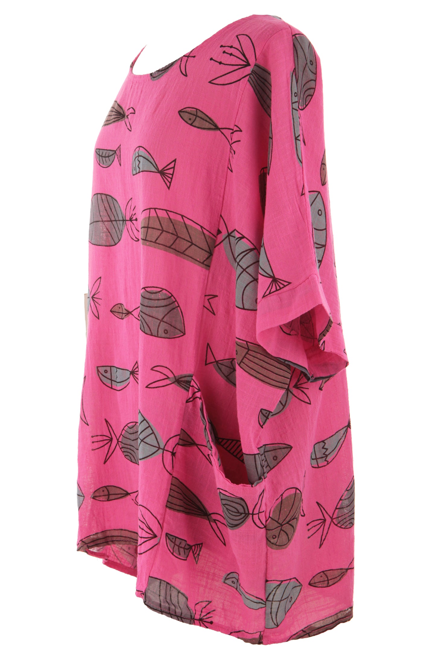 2 Pocket Fish Print Cotton Blouse