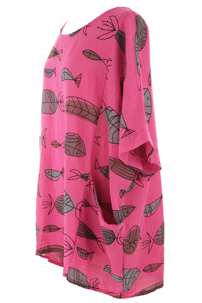 2 Pocket Fish Print Cotton Blouse
