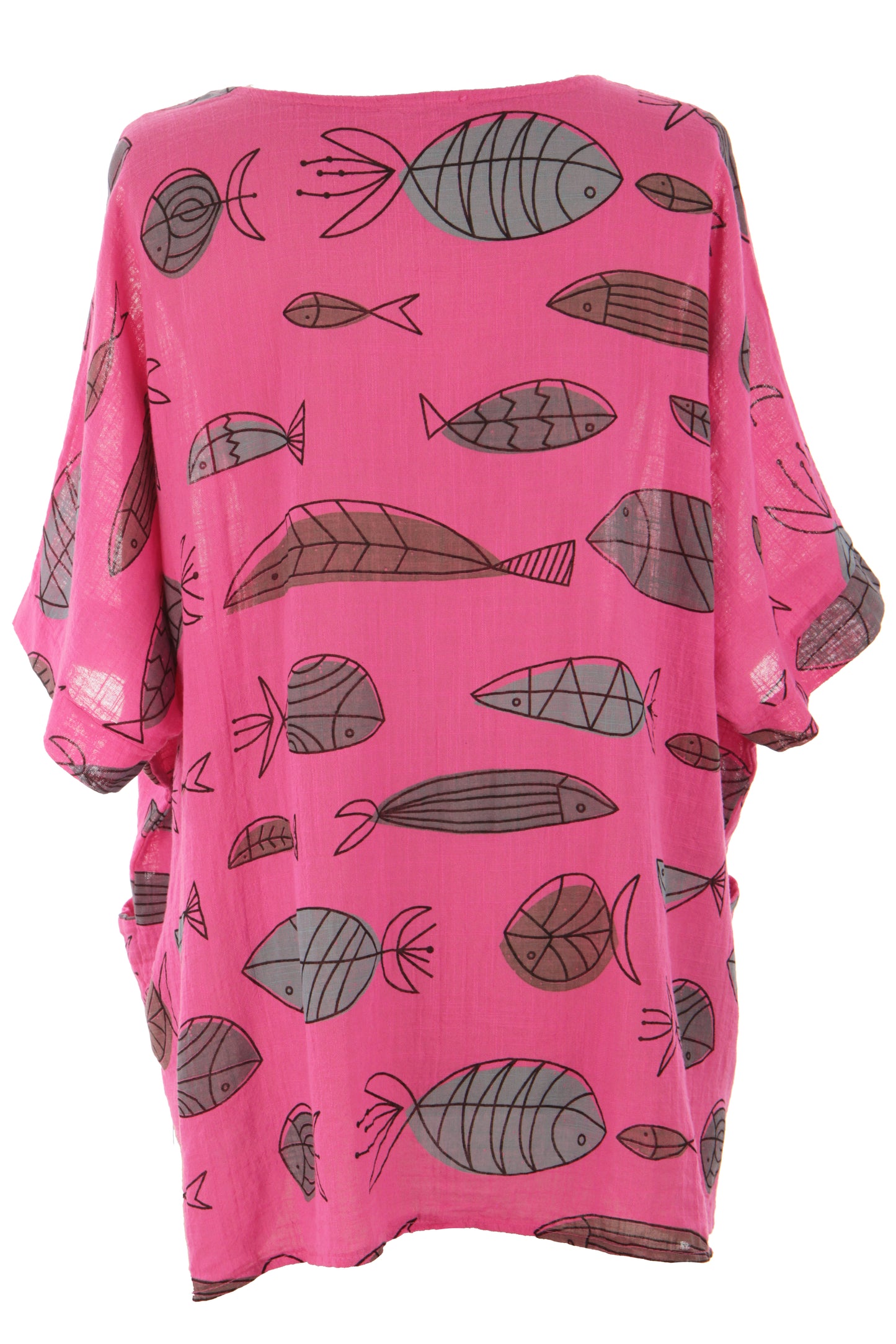 2 Pocket Fish Print Cotton Blouse