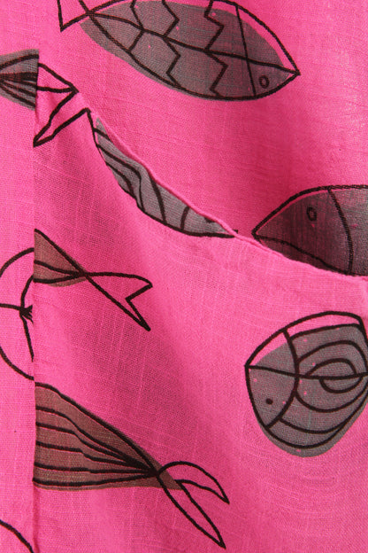2 Pocket Fish Print Cotton Blouse