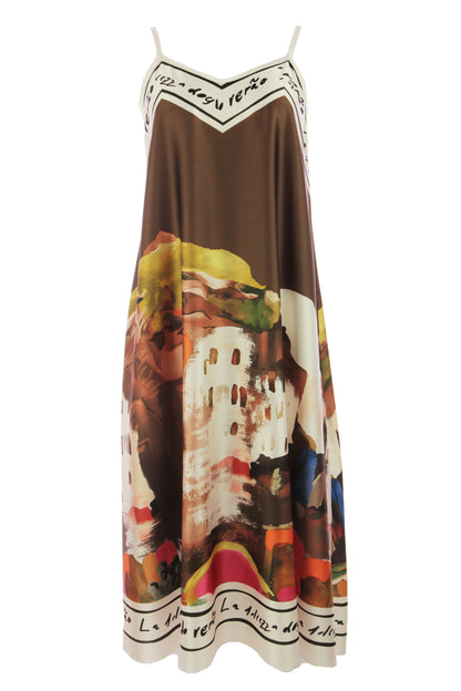 Strappy Watercolour Landscape Print Satin Midi