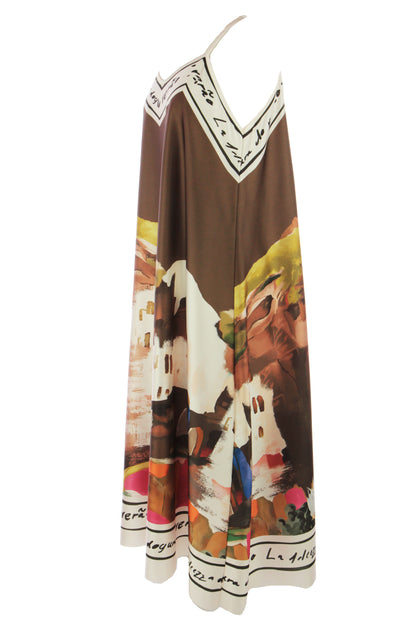 Strappy Watercolour Landscape Print Satin Midi