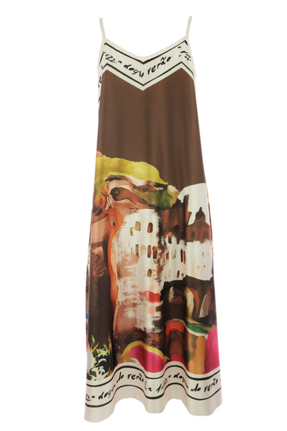 Strappy Watercolour Landscape Print Satin Midi