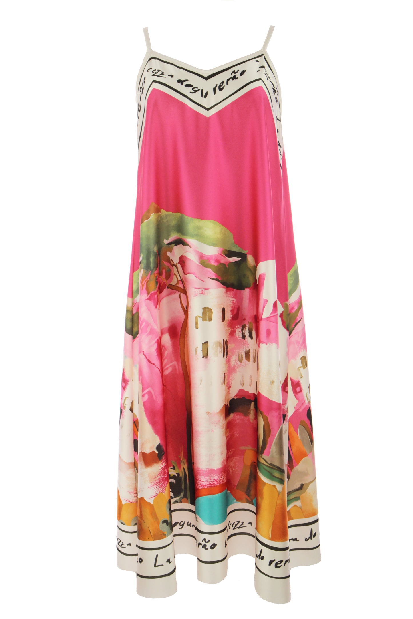 Strappy Watercolour Landscape Print Satin Midi