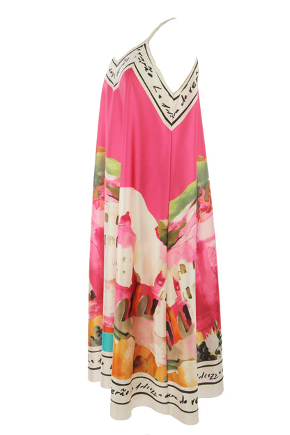 Strappy Watercolour Landscape Print Satin Midi