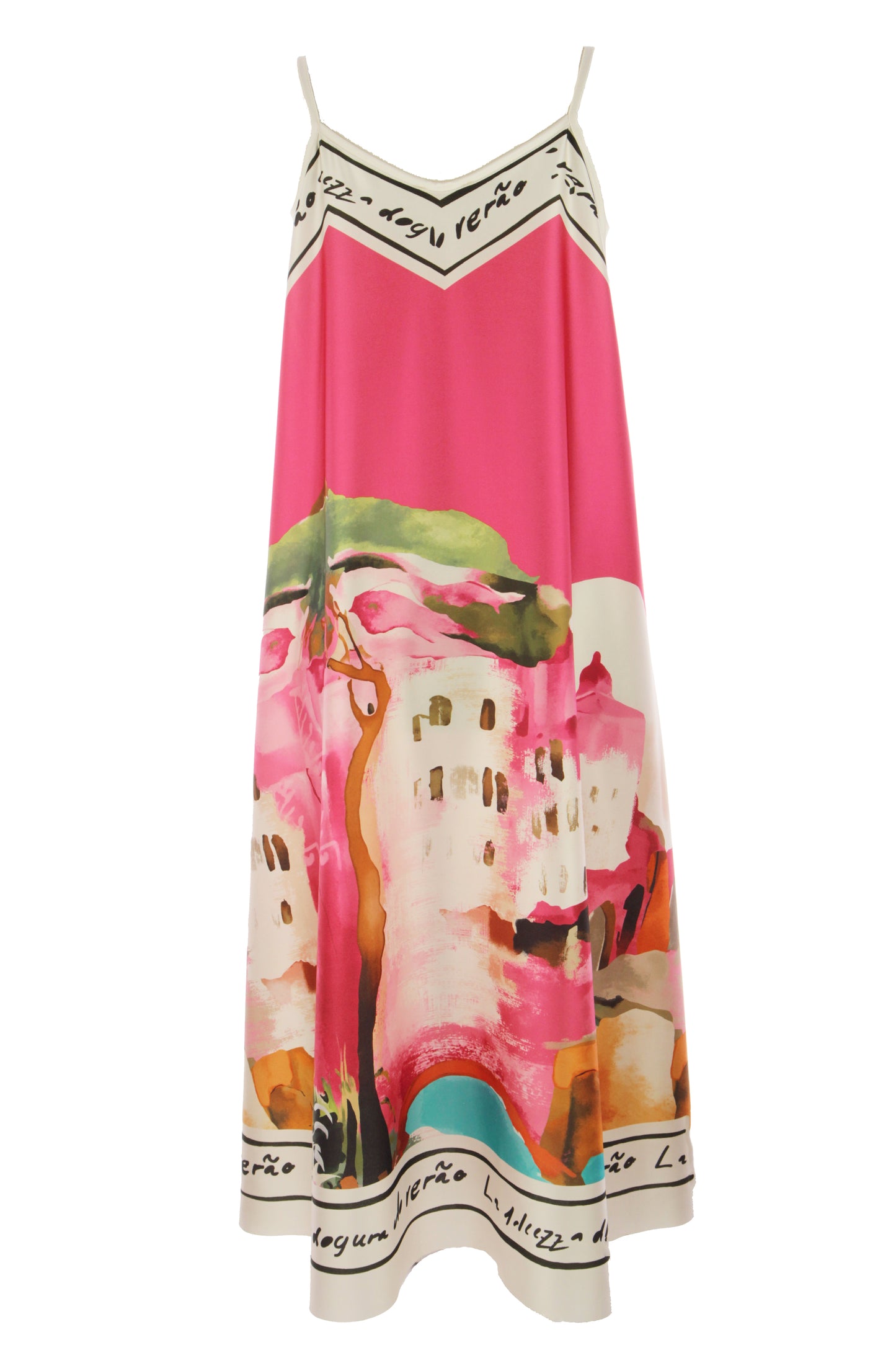 Strappy Watercolour Landscape Print Satin Midi