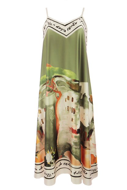 Strappy Watercolour Landscape Print Satin Midi