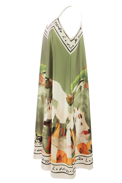 Strappy Watercolour Landscape Print Satin Midi